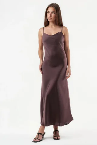 V-Ausschnitt Satin A-Linie Midi-Kleid