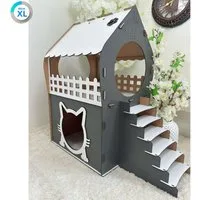 Jungengel Tierhaus Zweistöckiges Katzenhaus aus MDF – Anthrazit & Weiß – in XL, XXL, 3XL, Werkzeugloser Aufbau, Doppelgeschossig, Treppe, Balkon, Katzenöffnung