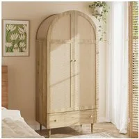 Merax Kleiderschrank mit Stofftüren, Schublade & Kleiderstange (1-St., für Gäste- & Ankleidezimmer) Garderobenschrank mit Holzfüßen und Naturoptik für Schlafzimmer