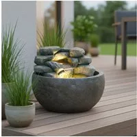 Arnusa Gartenbrunnen Springbrunnen BK911 runder Wasserfall Brunnen mit LED Beleuchtung, Steinoptik Gartenteich Dekoteich