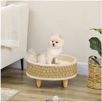 PawHut Tierbett Luxus Haustierbett mit waschbarem Kissen, Plüsch, Beige+Khaki, Ø48 x 24,5 cm