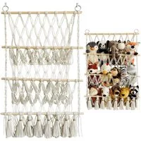 MOPUEA Hängekorb Spielzeug Aufbewahrung Netz Stofftier-Organizer Handgefertig (mit Quasten Stofftier-Hängekorb aus Baumwollseil und Kiefernholz, 1 St., Vielseitiger Boho Spielzeug Organizer für Kinderzimmer, Schlafzimmer), dreistufig, Einfache Instal