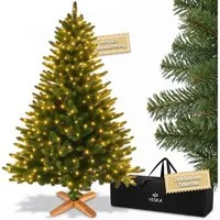 VESKA Künstlicher Weihnachtsbaum Naturgetreu mit Holzständer, Tannenbaum 140cm / 180 cm, Nordmanntanne, dichte Zweige, mit Aufbewahrungstasche, LED Beleuchtung