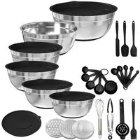 PFCTART Rührschüssel Rührschüssel Set Edelstahl mit Deckel, 6-teilig, Salatschüsseln, 4-Lagen-Latexkern, platzsparend, knickfrei auslaufsicher, (Set, 32-tlg), Mit 3 Reibeaufsätzen, luftdichten Deckeln & Küchenzubehör