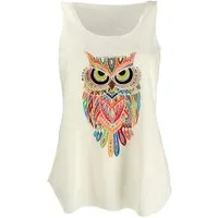 Guru-Shop T-Shirt Tanktop mit farbigem Ethnodruck - creme Eule Ethno Style, Hippie, alternative Bekleidung, Festival