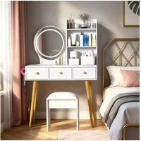 GLIESE Schminktisch mit Spiegel und Hocker Set mit 3 Farbtemperaturen & dimmbar (1-St., Frisierkommode, Schminkhocker), 2 Steckdose + 2 USB, mit 3 Schubladen + Föhnhalter, für Schlafzimmer