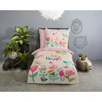 good morning Kinderbettwäsche Happily, Renforcé, 2 teilig, Baumwolle, Renforcé, Wendeoptik, Kind, Mädchen, blumen, vogel