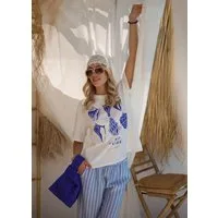 SASSYCLASSY T-Shirt Oversize T-Shirt mit Muschelprint für Damen Sommerliches Shirt mit Rundhalsausschnitt und lockerem Schnitt Weiß