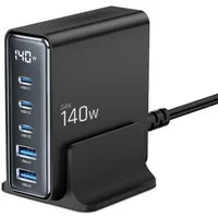TECH PROTECT DC140W-GAN Ladestation (7000 mA, Ladestation mit Netzkabel und Ständer, 5-Port-Ladestation mit 140 W GaN-Technologie)