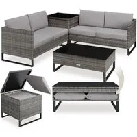tectake Loungeset Rattan Sitzgruppe inkl. großer Aufbewahrungsbox, für 4 Personen, (Gartenlounge-set Ostuni, 4-tlg., geeignet für Outdoor in Grau-meliert/Grau), widerstandsfähig und UV-beständig, Dicke der Polster 9 cm