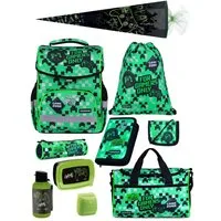 Familando Schulranzen Basic Plus 1.-4. Klasse ergonomisch, leicht, Volumen 15 Liter (Set, 10-tlg., inkl. Sporttasche und Schultüte / Zuckertüte 85cm), Gamer Pixel Playworld Motiv