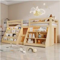 Flieks Hochbett Kinderbett Halbhochbett Holzbett 90x200cm mit 2 Stauraumregal und LED