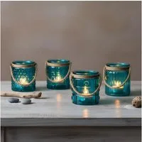 Levandeo® Teelichthalter, 4er Set Teelichthalter Glas Türkis H10cm Windlicht Tischdeko Maritim
