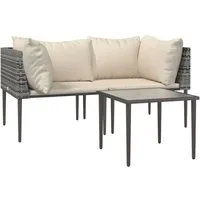vidaXL Gartenlounge-Set 3-tlg. Garten-Lounge-Set mit Kissen Grau Poly Rattan, (1-tlg)