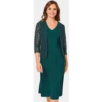 GOLDNER Jerseykleid Kurzgröße: Edler Zweiteiler mit Pailletten-Detail Langarmjacke und Midikleid mit V-Ausschnitt, Trägern und Knielänge