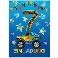 JUNAPACK Einladungskarten Auto zum 7. Kindergeburtstag Jungen Einladungen Karten Monster Truck, Einladungskarten mit einem Monster Truck Motiv zum siebten Geburtstag