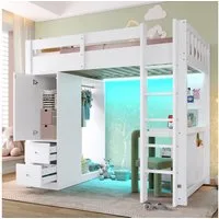 Merax Hochbett 90x200cm mit LED-Beleuchtung & USB (Kieferholz, 1-St., Etagenbett Jugendbett Holzbett Einzelbett) Kinderbett mit 4 Schubladen,Stauraumschrank,Schreibtisch,Kleiderstange