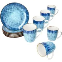 MamboCat Frühstücks-Geschirrset Marina 12tlg Frühstücksset Porzellan 6 Pers Teller Becher blau, Porzellan