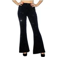 Metamorph Kostüm Disco Leggings für Damen schwarz, 70er Jahre Schlaghose mit Metallic-Schimmer