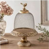 MarieAnn No.25 Etagere Deko Glocke auf Fuß Metall Gold Antik Vintage Landhaus 34 cm, Metall, Romantische Etagere mit Glocke mit Vogel Figur