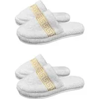 Belle Arti Luxus Gäste Hausschuhe Homeslipper Damen Herren Mäander weiss gold SET Pantoffel (2-tlg)