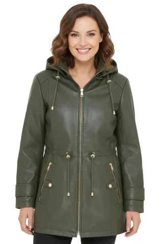 Grüner Lederparka für Damen mit abnehmbarer Borg-Kapuze, Trenchcoat – Emilia