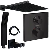 Hansgrohe und Jowi Duscharmatur Ecostat Square Thermostat, Duschsystem mit Kopfbrause, Schwarz (Unterputz-Duschsystem, Set) Thermostat, Mattschwarz