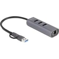 3 Port USB 5 Gbps Hub + Gigabit LAN mit USB Type-C, Dockingstation grau