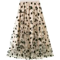 DEBAIJIA Plisseerock Damen Tüllrock Sommer Frauen Mesh Hohe Taille Midi Röcke Floral