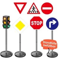 alldoro Spiel-Verkehrszeichen XL Verkehrsset für Kinder mit Verkehrsampel & 6 Straßenschildern, 75-80 cm hoch, Standfüße befüllbar, Verkehrserziehung & Rollenspiele