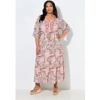 Ulla Popken Jerseykleid Maxikleid V-Ausschnitt 3/4-Arm Volantsaum