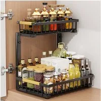 GarveeMore Küchenorganizer-Set Unter Waschbecken Organizer, Ausziehbarer Schrank Organizer 2 Tier, Slide Out Sink Regal Kohlenstoffstahl Schrank Lagerung Regale unterdem