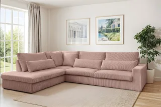 Ecksofa Designersofa THORA in Stoff Poso Altrosa Ottomane Links