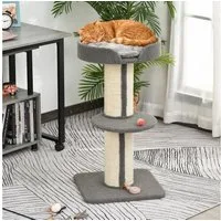 PawHut Kratzbaum Katzenbaum Spielbaum Kratzstamm mit Plattform, Sisal Plüsch Grau, 45 x 45 x 91 cm