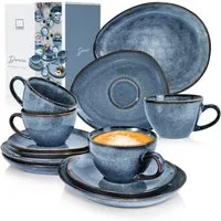 SÄNGER Kaffeeservice Darwin Kaffeetassen Set (12-tlg), 4 Personen, Steingut, Handmade, 300 ml, Blau, Premium Collection
