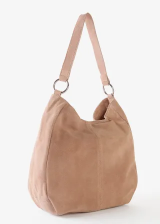 bonprix Veloursledertasche mit dekorativem Zusatzriemen, beige, Gr.34x38 cm, Zeitlose Ledertasche mit geflochtenem Tragehenkel, aus Veloursleder