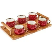 Karaca Kaffeeservice Bambus Tablett 6 Person Rot Kaffeetasse Set 90 ml