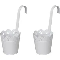 LB H&F Lilienburg Blumentopf 2er Set Hängetopf Blumentopf Übertopf Geländertopf Terrasse (Hänger Topf Shabby Spitze Ornament Deko zum einhängen Balkontopf Pflanztopf Balkon Weiss Metall P NEO), Kräutertopf Kräuterregel Pflanzenhalter Palettenregal hä