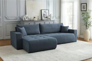 Ecksofa Schlafsofa Sofa ARMARI in Stoff Wind Dunkelblau Ottomane Rechts