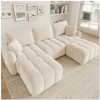 Merax Ecksofa Modulares L-/U-förmiges Sofa aus Chenille, wandelbares Cloud Sofa 1 Teile, 5-Sitzer-Sofa mit 2 Hockern, Kissen & breite Armlehnen, 219×136×84cm
