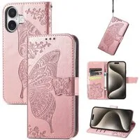 Wigento Smartphone-Hülle Für Apple iPhone 16 Plus Kunstleder Wallet Schmetterling Hülle Rosa, Kunst-Leder Schutzhülle Smart Case Cover magnetischer Verschluss