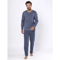 HOTBERG Pyjama Schlafanzug-Set Herren lang Baumwolle (2 tlg) moderner Pyjama in Blau-Grau mit V-Ausschnitt