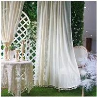 Qelus Gardine Vintage Voile Gardinen mit Quasten Stangendurchzug (1 St), Creme halbtransparent für Wohnzimmer und Schlafzimmer