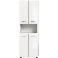 furnling Stauraumschrank Ivy - moderner Badschrank mit 4 Türen, 4 Einlegeböden, viel Stauraum offenes Fach, pflegeleichte MDF Front, Hochschrank, Weiß Hochglanz
