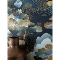 Newroom Vliestapete Nyoki Blue Tapete Mustertapete Bäume,Blätter,Wolken, Blau Tapete Modern Bäume - Mustertapete Botanisch Dunkelblau Gold Asiatisch Grafisch Blätter Wolken für Wohnzimmer Schlafzimmer Küche, Botanisch