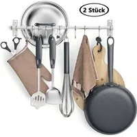 Refined Living Hakenleiste Edelstahl Küchenreling mit 12 Haken, Wandmontage, Bad Hakenleiste, (2 × Edelstahl Hakenleiste, Wandhaken Küche, Hängeleiste Haken, Hakenleiste Wand, Küchenutensilienhalter, Küchenhaken mit Haken, Utensilienhalter Küche, Küc
