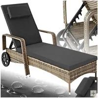 tectake Gartenliege Rattan Sonnenliege mit Rädern, abnehmbares Kopfkissen, 200 x 70 x, Liegestuhl, 1 St., in natur/dunkelgrau, widerstandsfähig, UV-beständig, 6-fach verstellbare Rückenlehne
