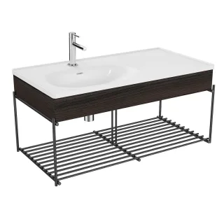 VitrA Equal Set Möbelwaschtisch asymmetrisch 103 cm mit Holzblende und Ablagegitter Weiß,81086 81086