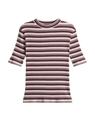 Opus - Gestreiftes Ripp-Shirt beige/rot - Gr. - 40