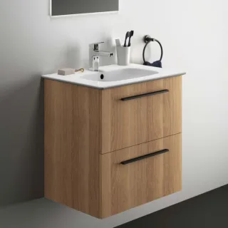 Ideal Standard i.life A Möbelwaschtisch-Paket K8742NX 64x46x64,5cm, 1 Hahnloch, Griff schwarz matt, Eiche natur